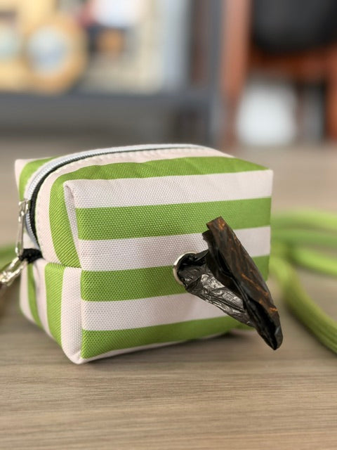 A small zippered pouch with horizontal green and white stripes, featuring a dark metal clip attachment and a matching green strap, resting on a light wood surface with a blurred indoor background.