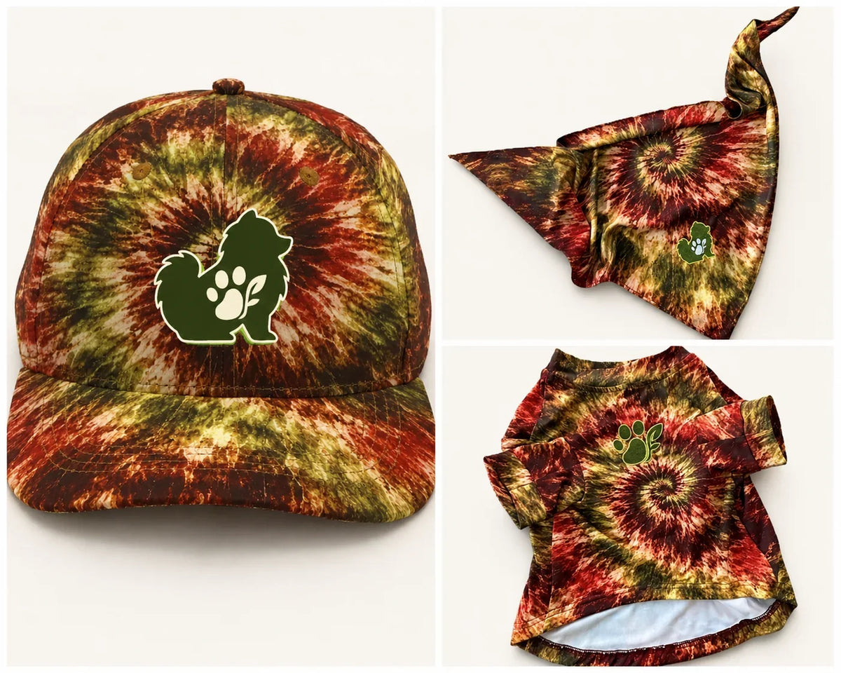 The Bloom Collection- tie-dye pieces featuring baseball cap, bandana and dog tee