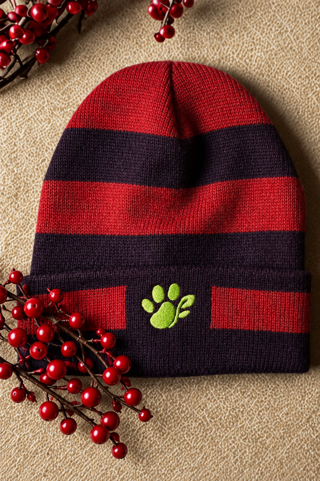 chocolate brown and red striped beanie