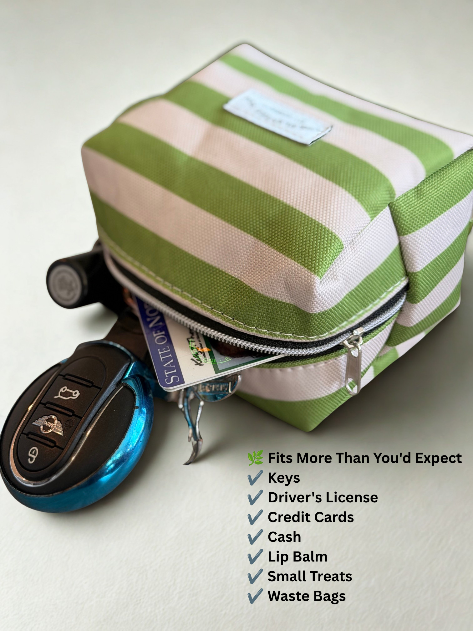 A green and white striped fabric zippered pouch shown on a light background, with a car key, wallet, and cash partially tucked inside. Text on the right lists included items and features.