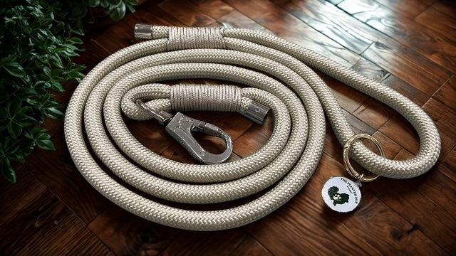 Khaki Dog leash with a clip and tag on a wooden floor
