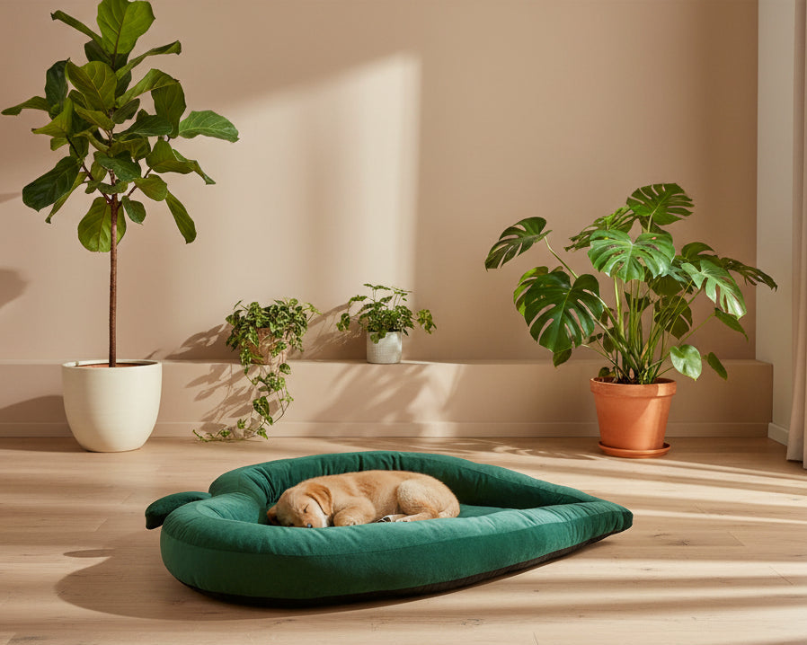 Green leaf shaped pet bed in minimalist room with plants in background