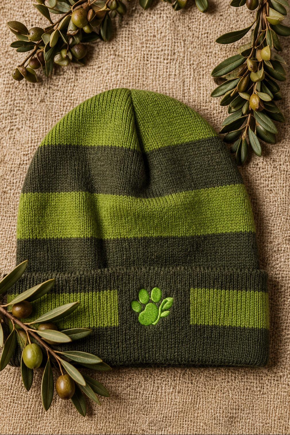 olive and dark green striped beanie