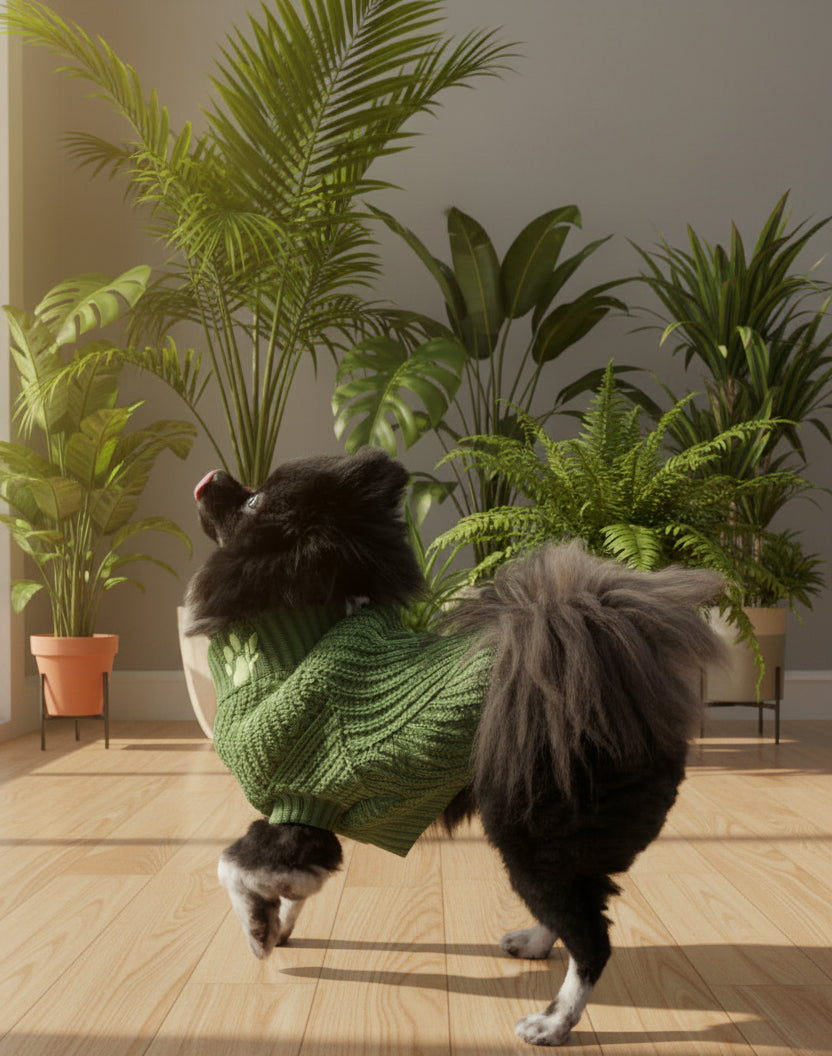 Dog wearing a green sweater with plants in background