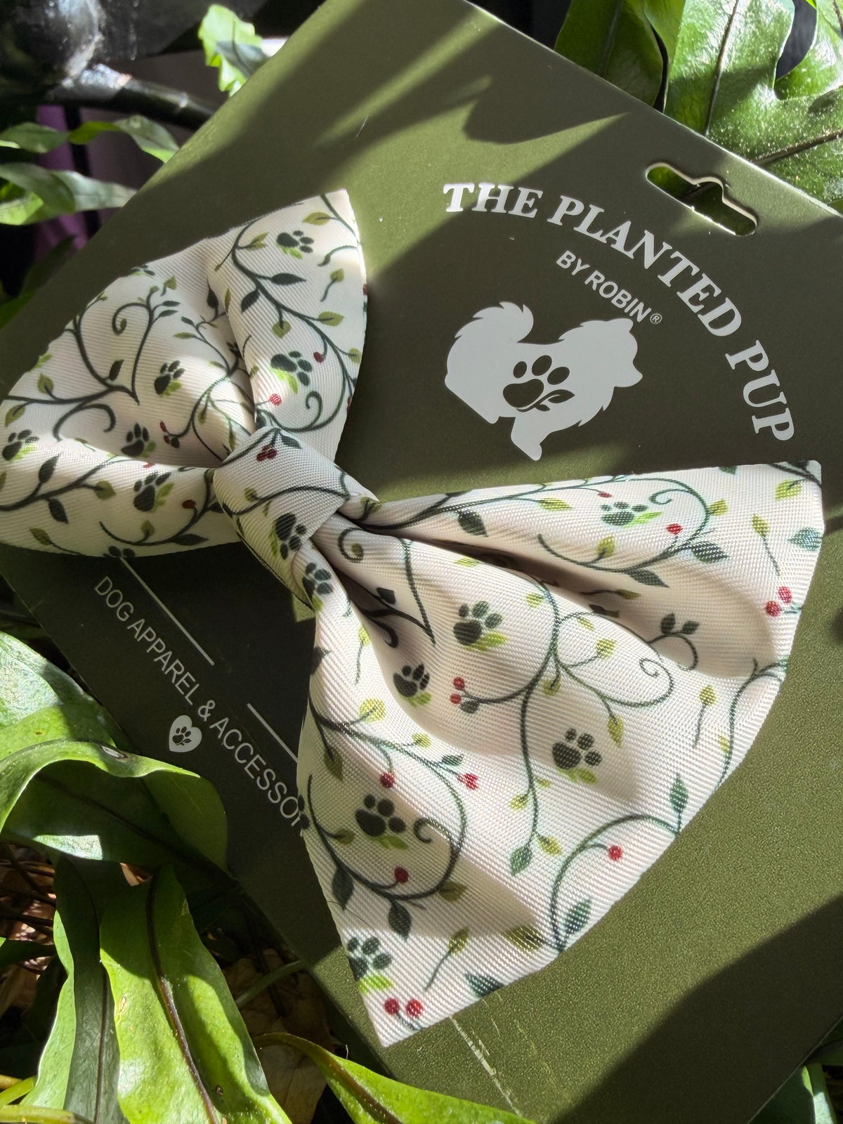 Cream bow tie with botanical deign sitting on plant leaves
