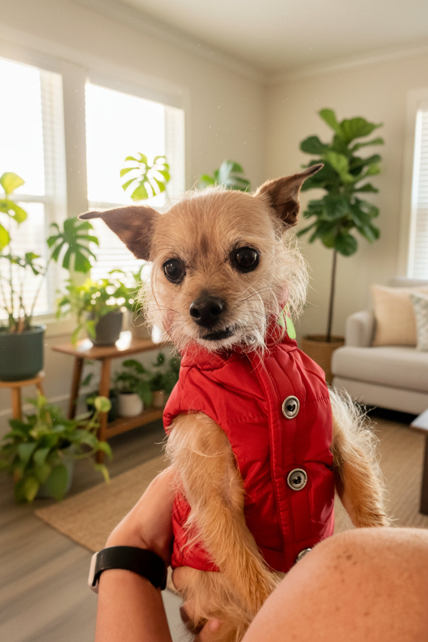 A small tan dog wearing a red puffer vest, held in a person's lap in a living room setting.