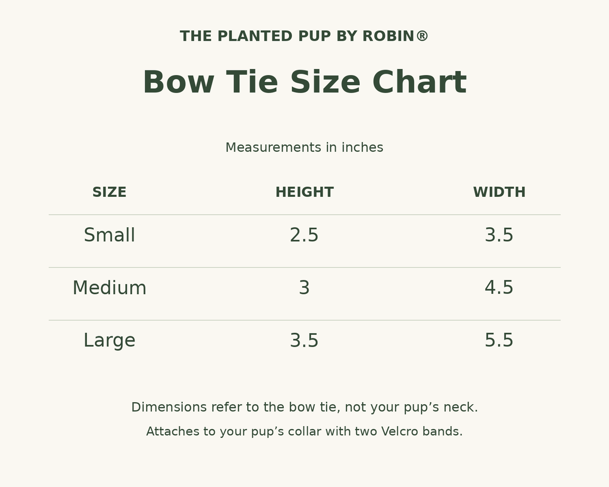 Bow Tie Size Chart from The Planted Pup by Robin, showing measurements in inches for Small, Medium, and Large sizes.